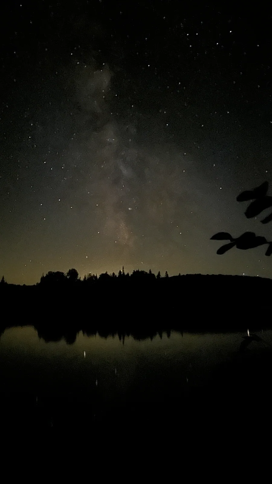 The Milky Way over a dark lake and treeline